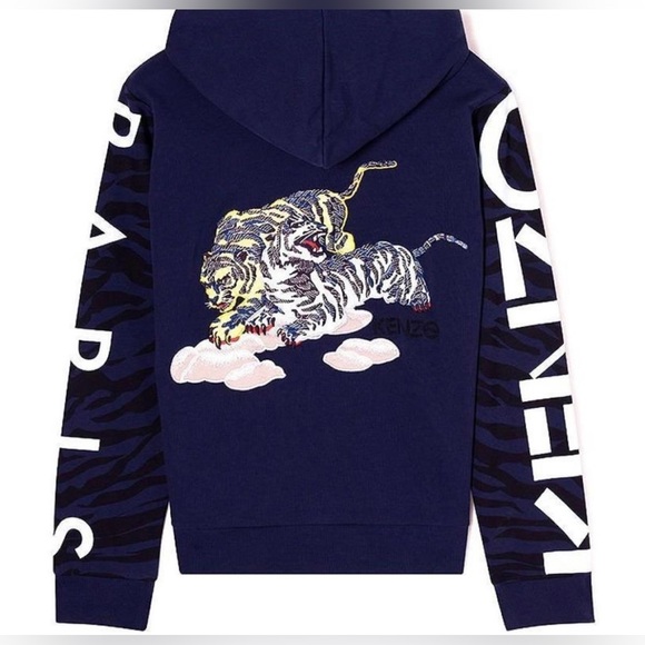 Kenzo Paris Vintage Navy Pullover Logo Hoodie Sweatshirt Embroidered Tigers XL - Picture 3 of 16